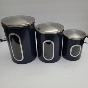 Blue Kitchen Canister Set with Silver Lids - Set of 3